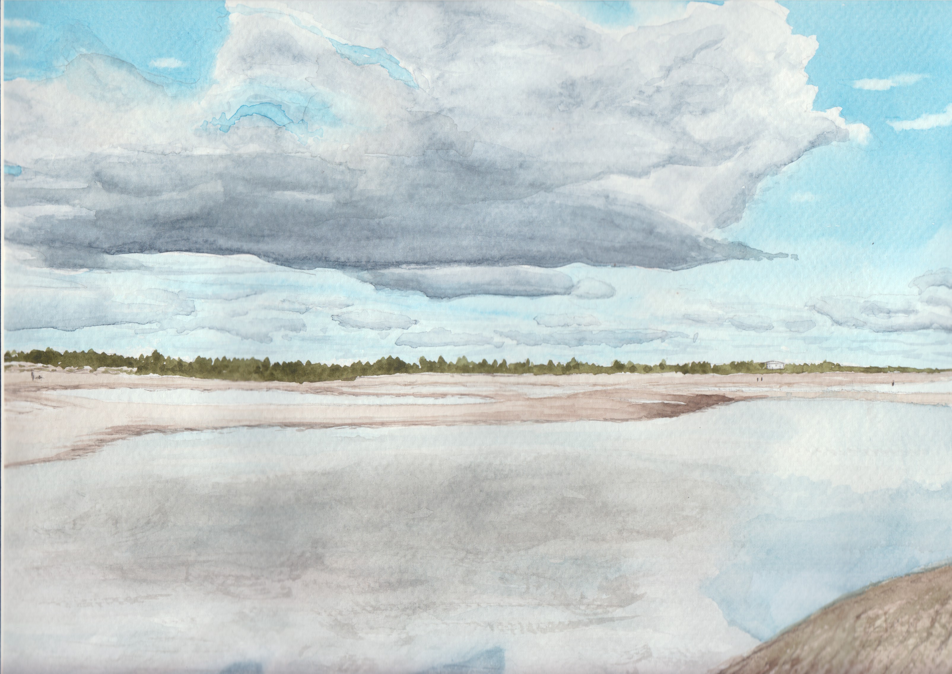 A sunny day with one dark cloud casting shadows on the shallow tide pool...